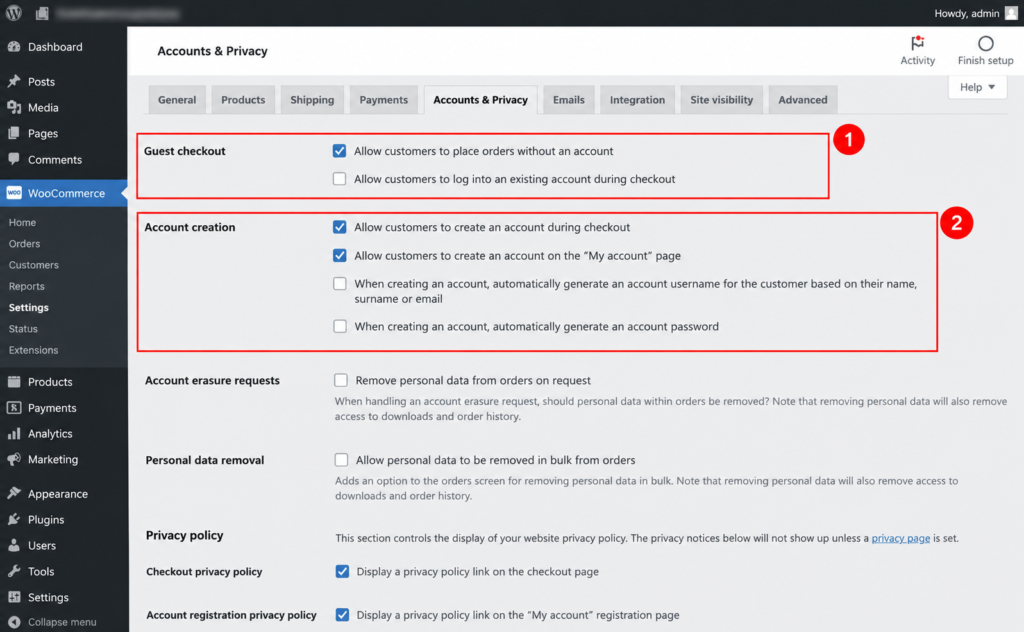 After the WooCommerce Accounts & Privacy paragraph