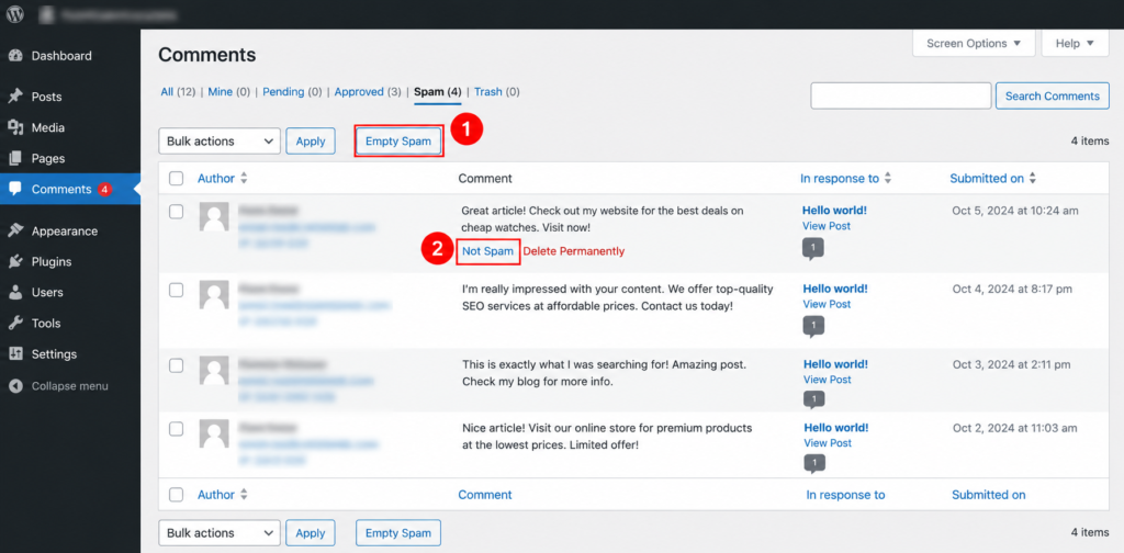 Comments screen filtered to Spam with the Empty Spam button visible