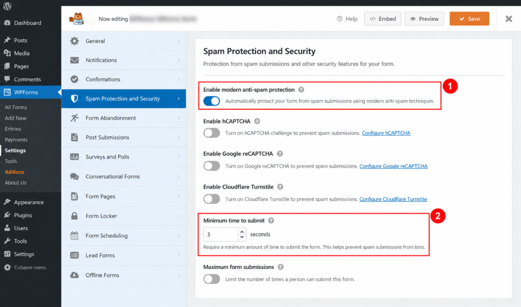 WPForms Form anti-spam